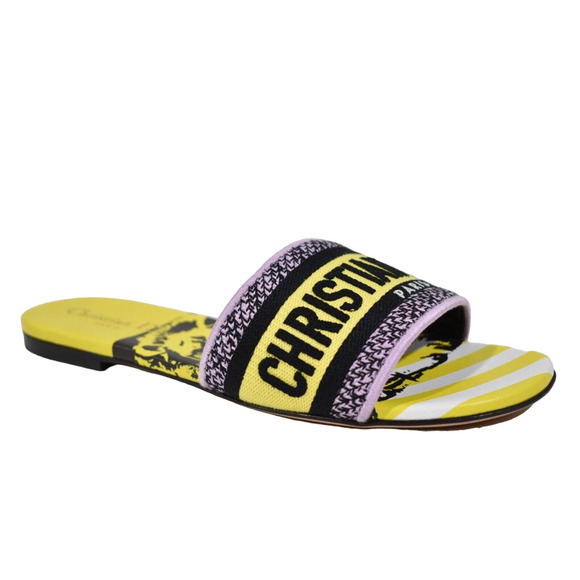 Christian Dior Dway D Jungle Yellow Black Embroidered Logo Slide Flat Sandal 36 - Picture 1 of 12